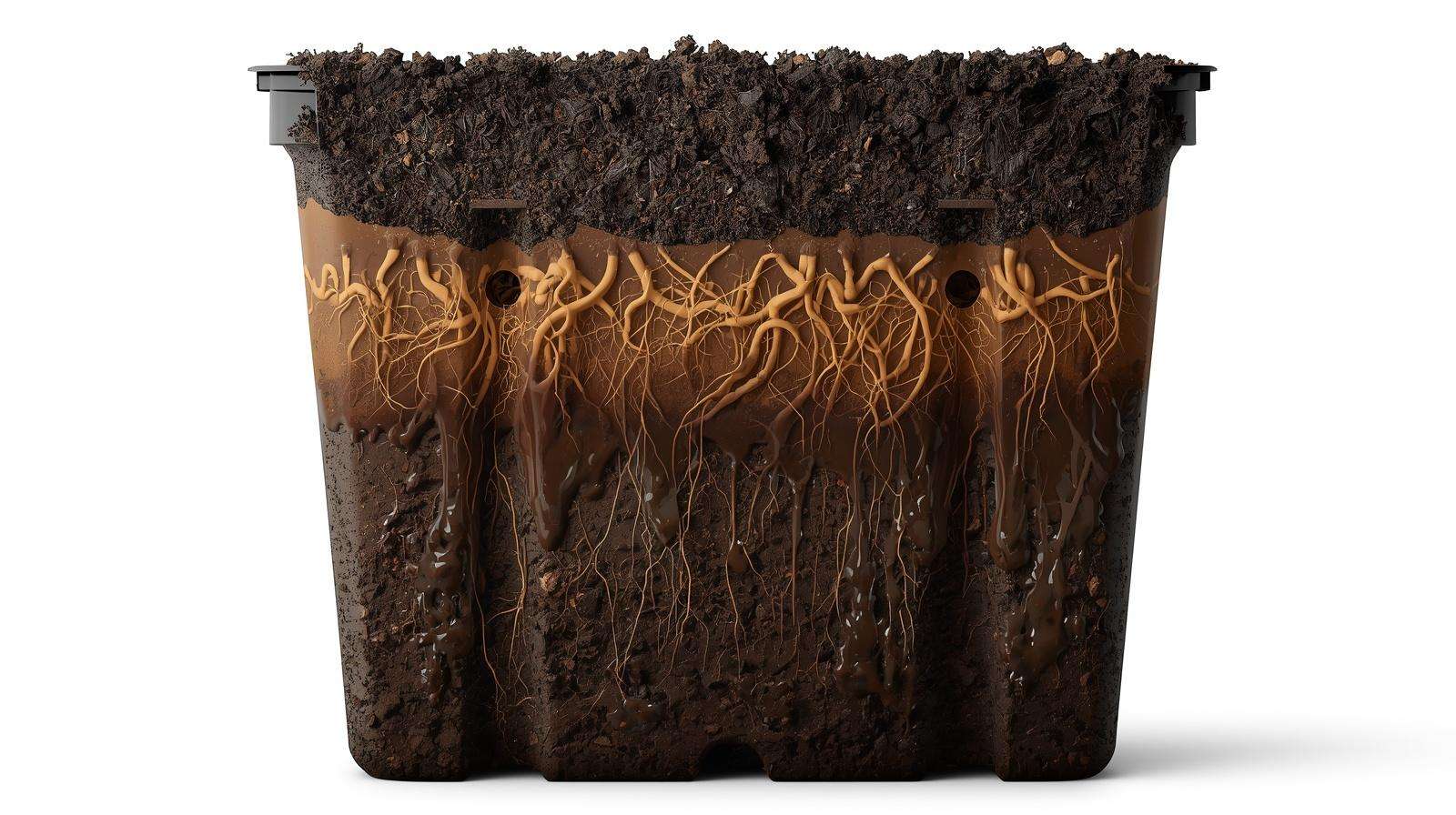 A cross-section of a plastic pot showing a high perched water table waterlogging heavy soil at the base.