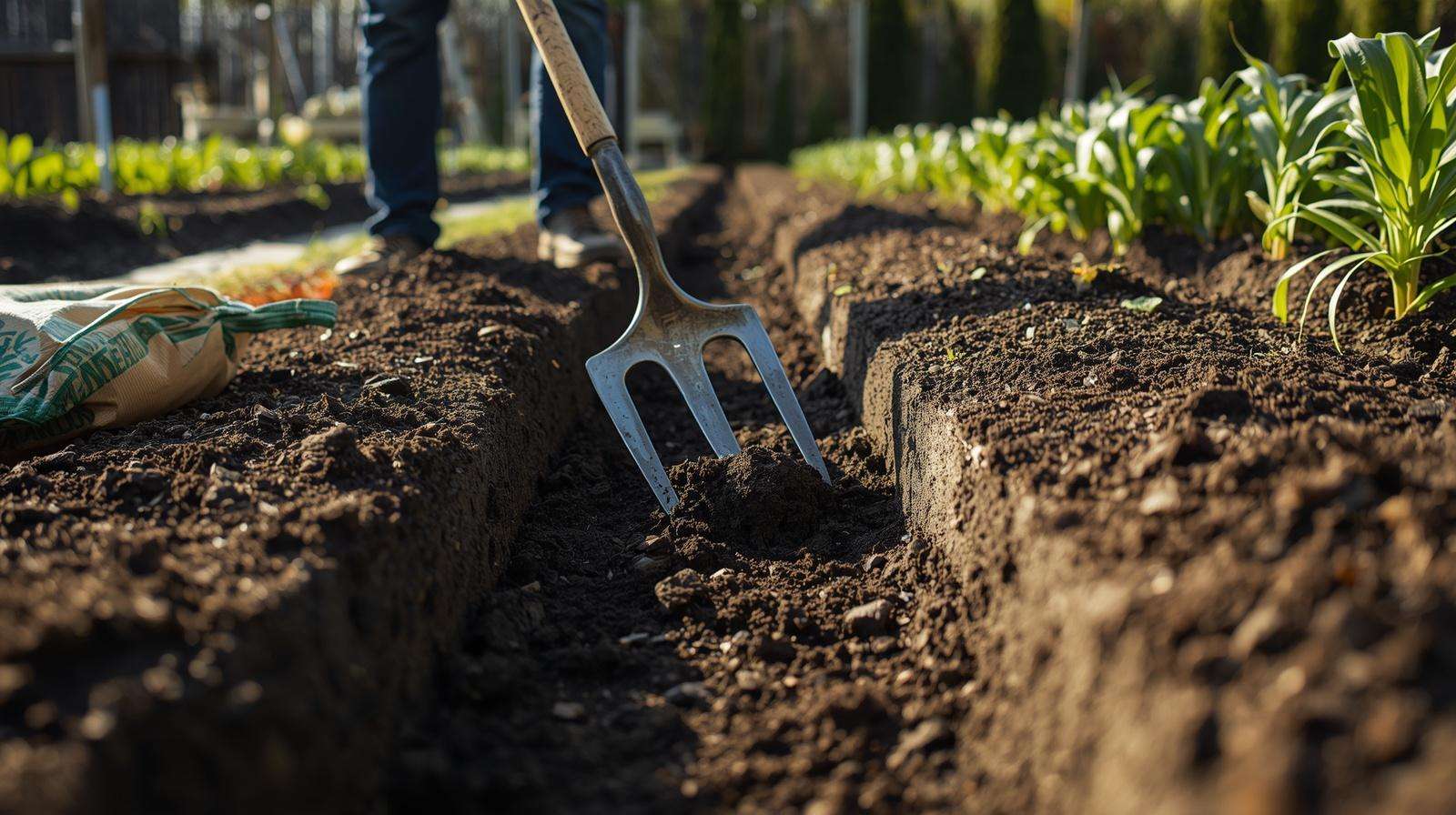 A gardener blending dark bagged garden soil into a native in-ground vegetable bed with a garden fork.