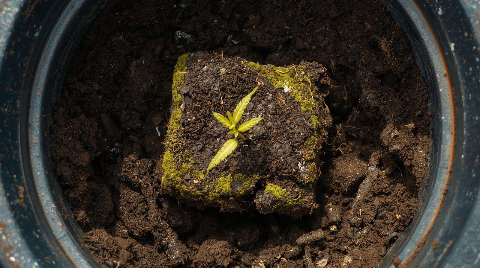 Compacted heavy garden soil shrinking away from the edges of a pot with green surface algae.