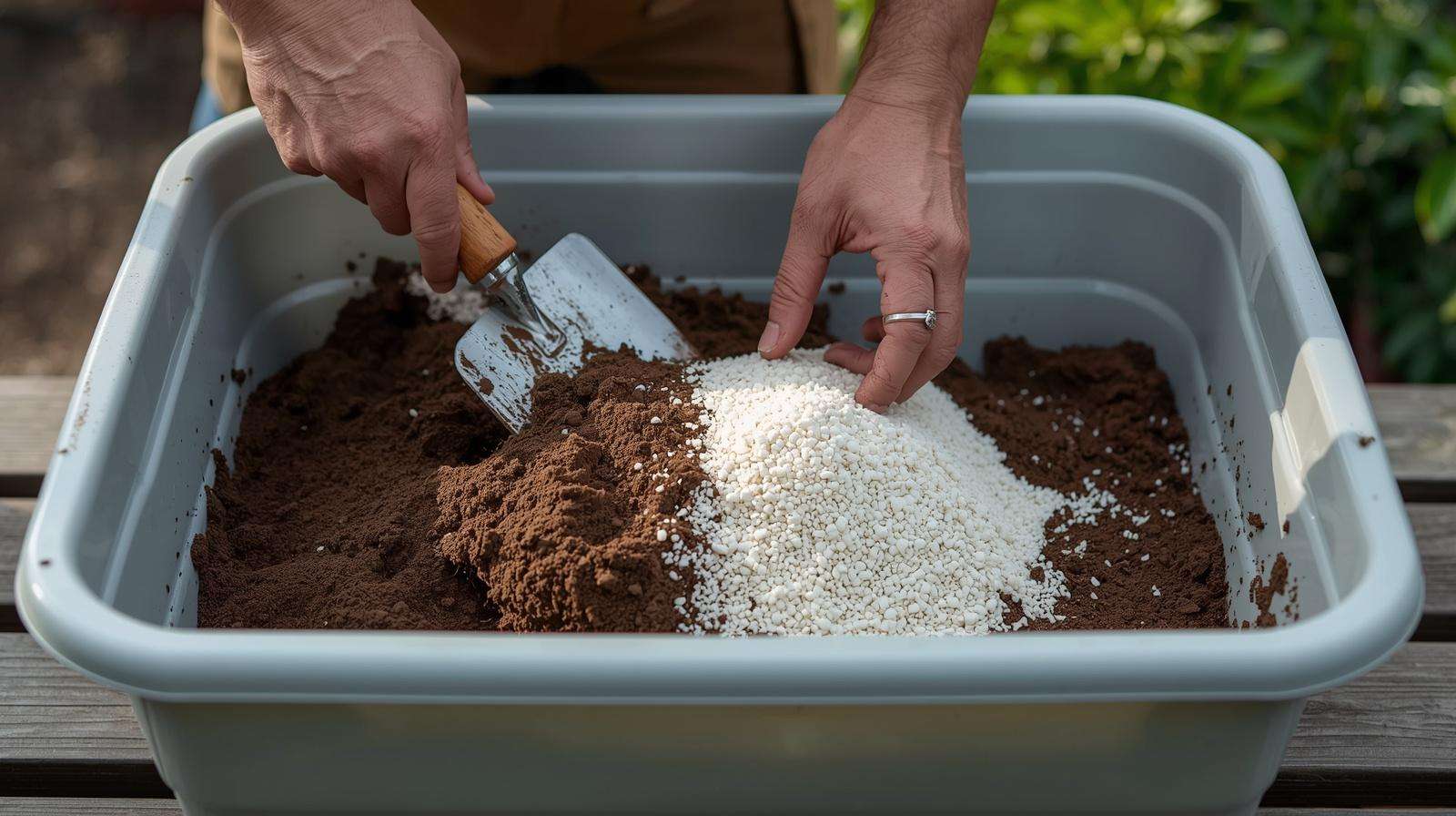 Blending heavy garden soil with equal parts white perlite to fix a heavy container mix.