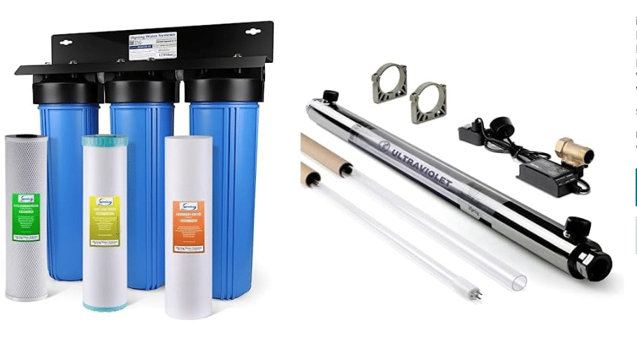 iSpring Whole House Water Filter System w/Sediment, KDF, and Carbon, 3-Stage, Heavy Metal Reducing, Model: WGB32B-KS & UVF55FS Whole House UV Water Filter with Smart Flow Sensor Switch, 55W, 12 GPM