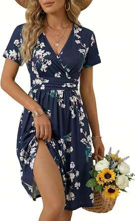OUGES V-Neck Floral Wrap Dress