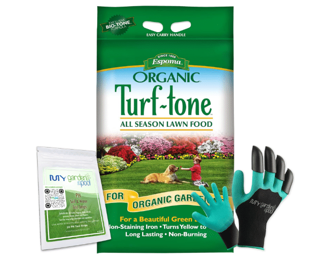 Espoma Turf-Tone All Season Organic Lawn Food with Iron & Exclusive Bio-Tone Formula with My Garden Pool PH Soil Test Strips 20 ct, and Superior Gardening Claw Gloves - 14 LBS 