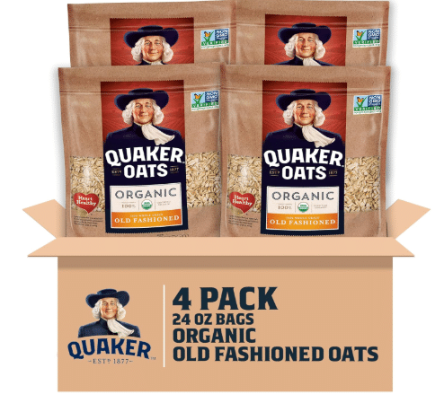 Quaker Old Fashioned Rolled Oats, USDA Organic, Non GMO Project Verified, 24oz Resealable Bags (Pack of 4)