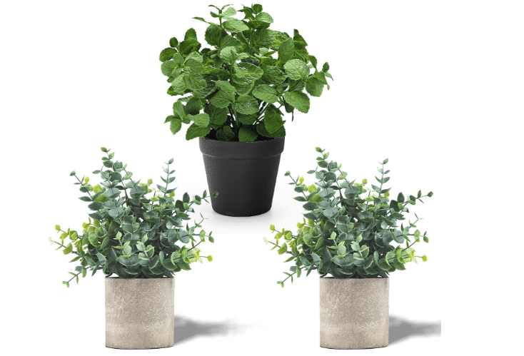 Coferset 3 Pack Small Fake Plants Eucalyptus Mint Potted Artificial Plants for Shelf Desk Home Bathroom Farmhouse Room Coffee Table Decor