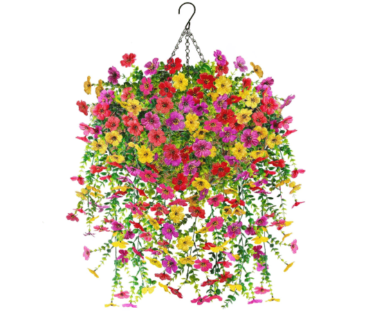 Der Rose Artificial Hanging Flower Basket for Outdoors Fake Hanging Flowers Plants with 4 Faux Silk Trailing Vines for Porch Patio Balcony Spring Decor
