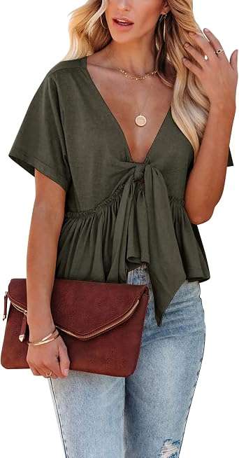 Romwe Tie Knot Front Peplum Blouse