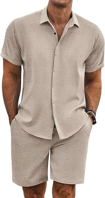 Coofandy Men's 2-Piece Linen Button-Down & Shorts Set