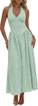 Wenrine Halter Corset Plaid Maxi Dress