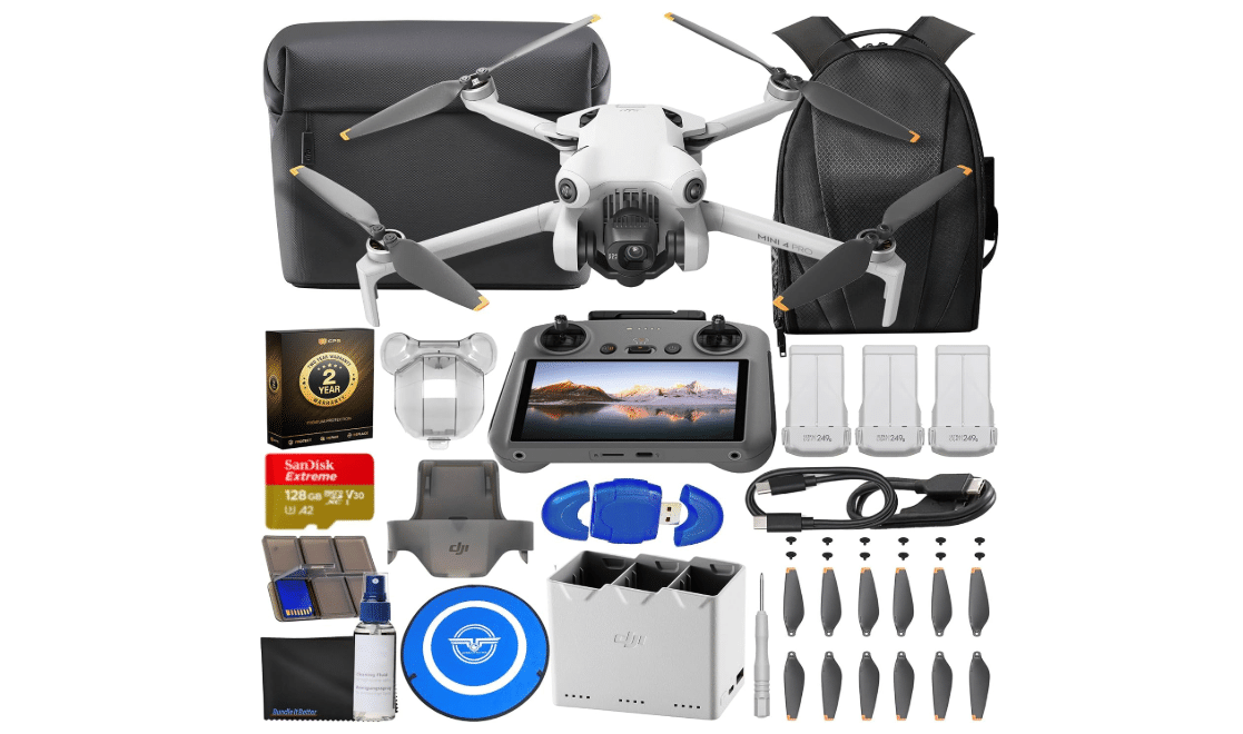 DJI Mini 4 Pro Drone Fly More Combo with RC 2 Controller (With Screen) Folding Drone with 4K Video, Under 249g, 34 Mins Flight Time, 3 Batteries Bundle with 128GB Memory Card, CPS 2 Year Warranty + Pilot Kit

