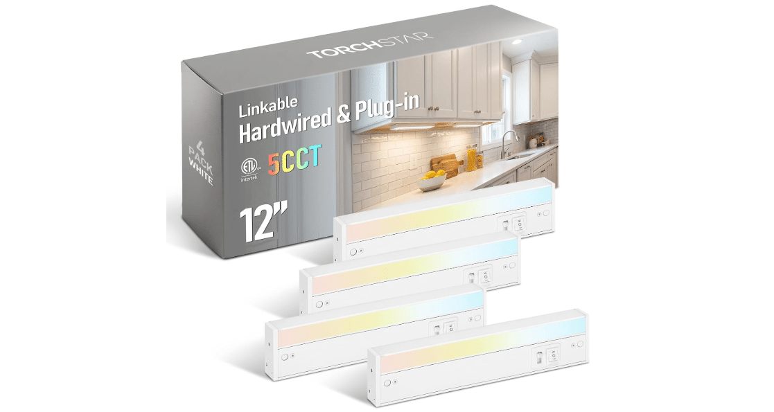 TORCHSTAR 4-Pack 12 Inch 5CCT LED Under Cabinet Lighting Aluminum, White | Linkable, ETL T24, Hardwired & Plug-in, 8W 600LM, CRI90, 120V Dimmable, For...

