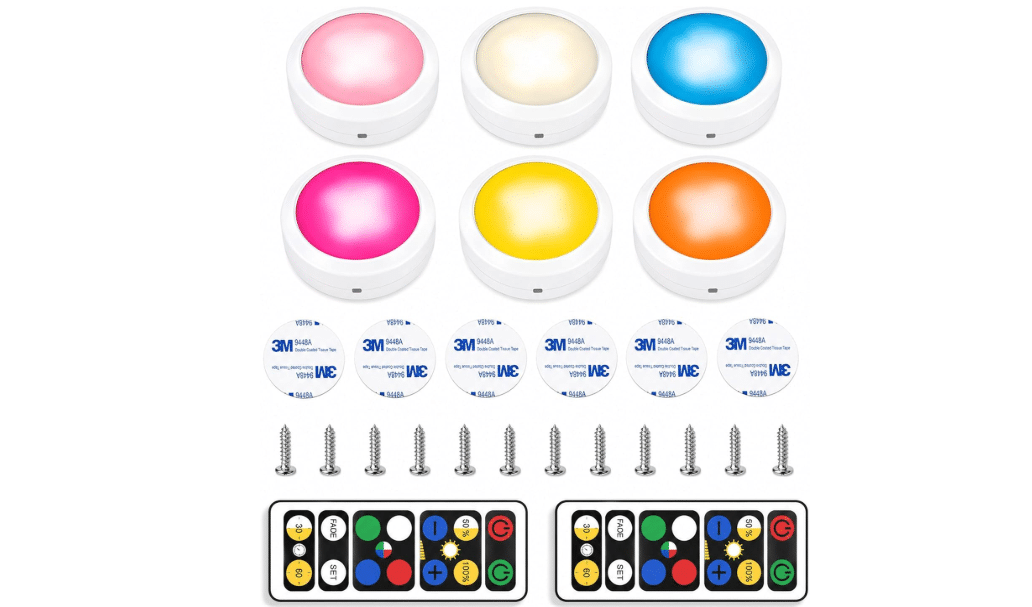 Brilliant Evolution 6-Pack Wireless RGB LED Lights - Battery Operated Puck Lights with 2 Remotes - Color-Changing LED Under Cabinet Lighting - 55 Lumens...
