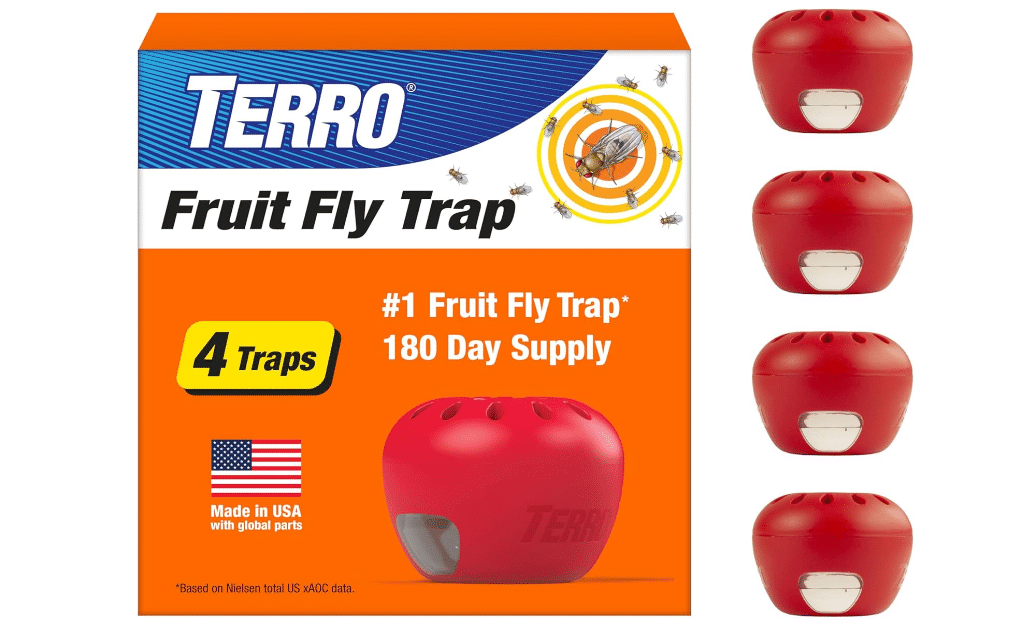TERRO Fruit Fly Trap 4-Pack, 180 Day Lure Supply, Food-Based Lure