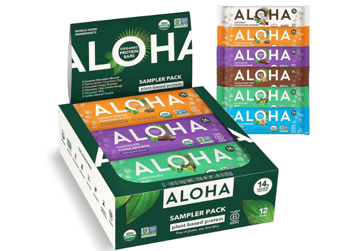 ALOHA Organic Plant Based Protein Bars - 6 Flavor Variety Pack - 12 Count, 1.9oz Bars - Vegan Snacks, Low Sugar, Gluten-Free, Low Carb, Paleo, Non-GMO, Stevia-Free, No Sugar Alcohol Sweeteners