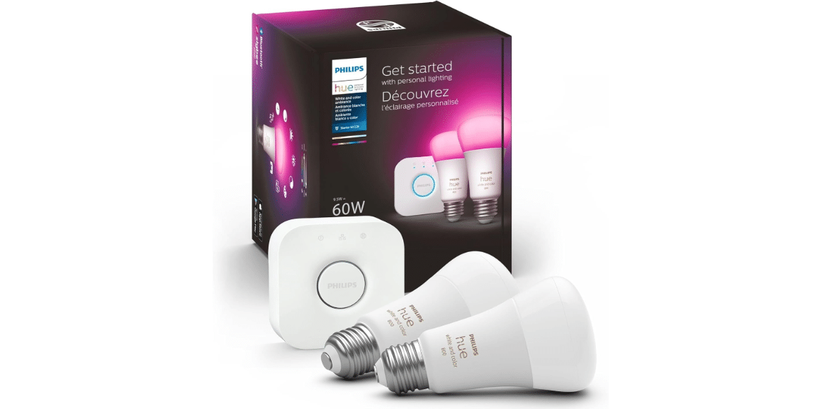 Philips Hue Smart Light Bulbs Starter Kit, 1 Bridge + 2 60W A19 Bulbs | White & Color Ambiance LED, Millions of Colors, 800 Lumens, Control with App or...
