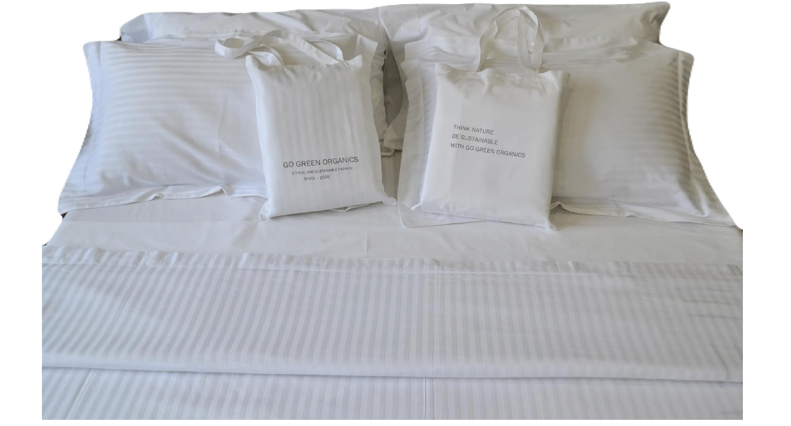 100% Organic Cotton GOTS Certified Crisp and Cooling Percale Bed Sheet Set & Soft Stripe Sateen Duvet Cover Set Combo Pack, 7 Piece Set, Luxurious Hotel White, Queen Size
