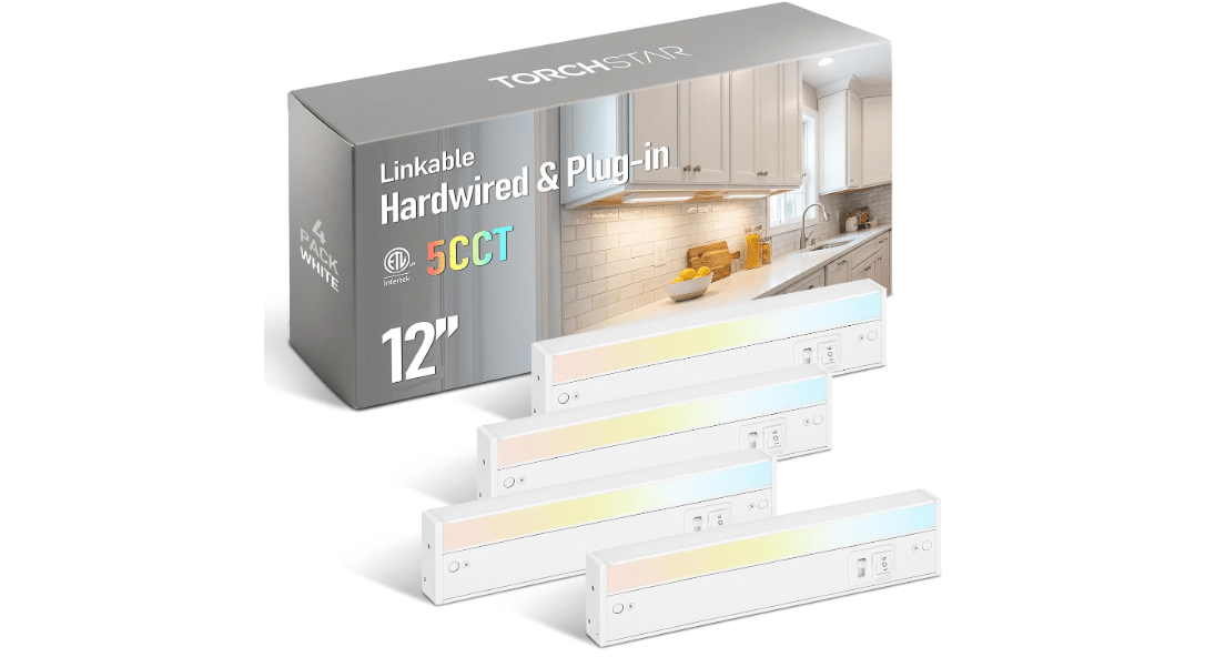 TORCHSTAR 4-Pack 12 Inch 5CCT LED Under Cabinet Lighting Aluminum, White | Linkable, ETL T24, Hardwired & Plug-in, 8W 600LM, CRI90, 120V Dimmable, For...
