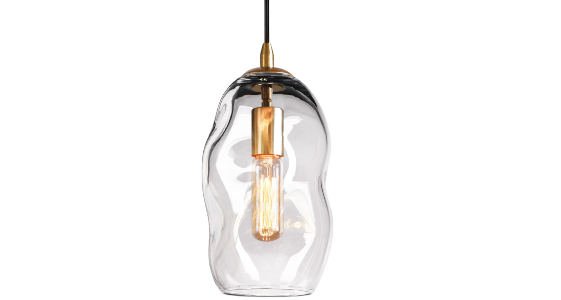 CASAMOTION Modern Pendant Light, Art Glass, Brass Gold, 12 Inch | Dining Table Bar Counter Kitchen Island ,Large,Clear,Organic Globe Ceiling Hanging

