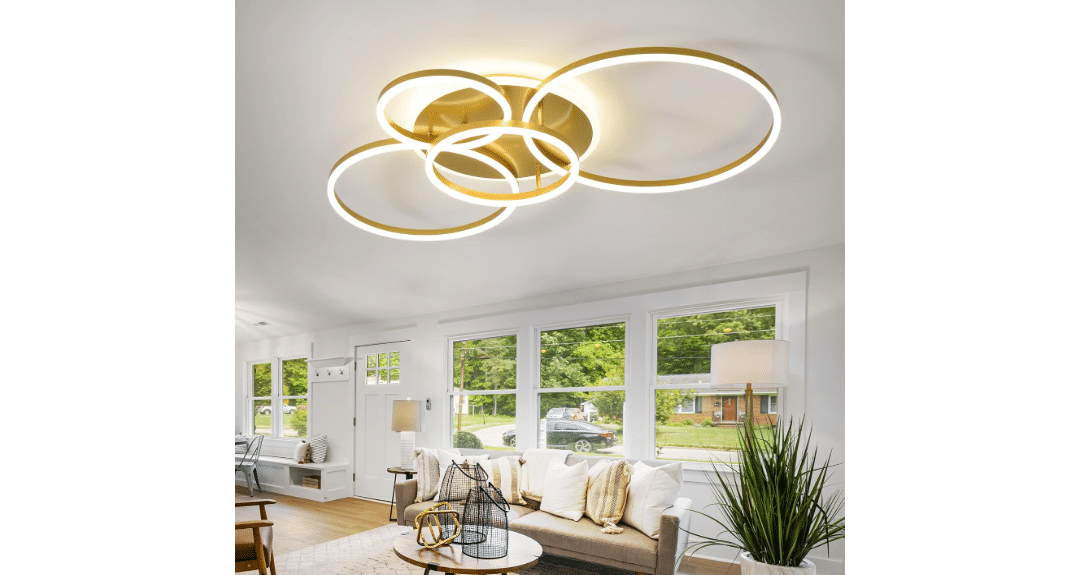 Modern LED Ceiling Light 90W Dimmable Ceiling Light Fixture with Remote Control 5 Rings Flush Mount Ceiling Light Gold Acrylic Chandelier LED for Living...
