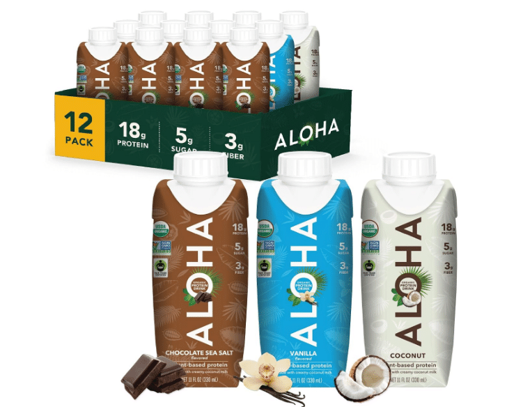 ALOHA Organic Plant-Based Protein Drink – Variety Pack | 18g Protein, 5g Sugar, 3g Fiber | Made with Creamy Coconut Milk, Fair Trade Certified, No Stevia | Vegan, Non-GMO, Gluten-Free, 11 fl oz (12 Pack)