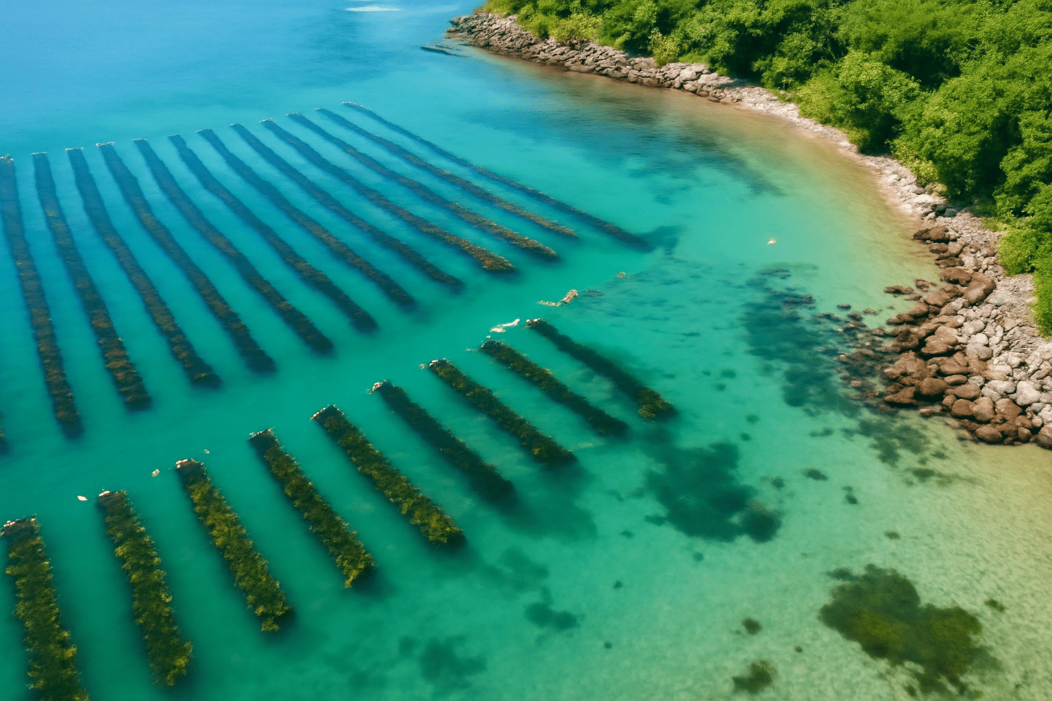 Aerial view of a coastal seaweed farm in clear, turquoise waters. Rows of seaweed are suspended between floating structures, with fish swimming below. The coastline is lush with greenery, and seagulls are flying near the shore where sandy beaches meet rocky terrain.