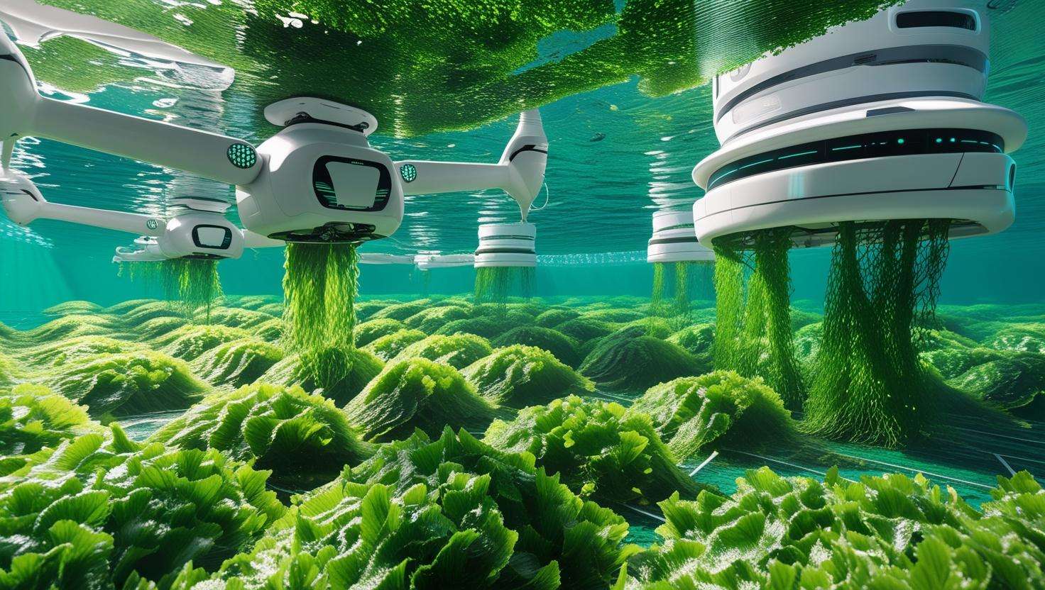 Futuristic underwater seaweed farm with advanced technology. A drone hovers above while an automated machine harvests seaweed, feeding it onto a conveyor belt. Rows of seaweed are supported by buoyed ropes in clear, healthy ocean waters, showcasing large-scale, sustainable seaweed farming.