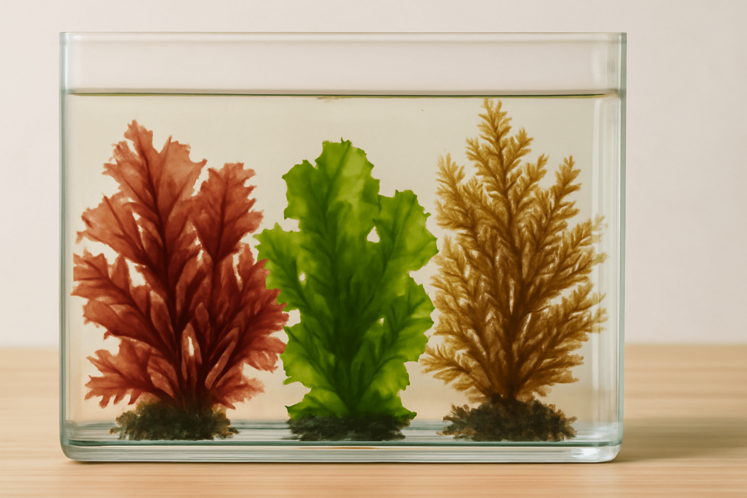 High-resolution image showing a glass container filled with red, green, and brown seaweed varieties submerged in clear water, highlighting their unique textures and vibrant colors.