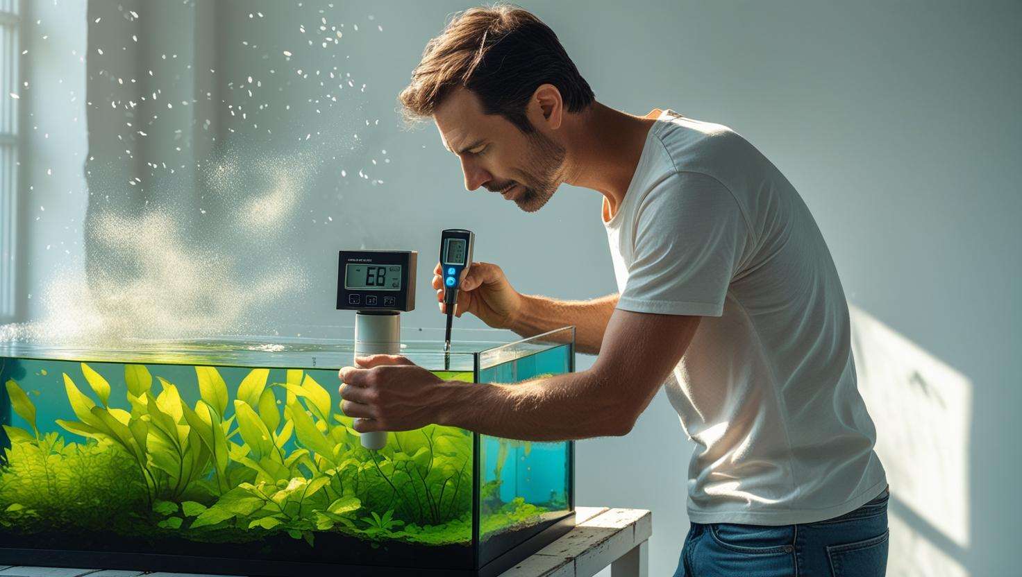 A person tending to a glass aquarium with green seaweed, adjusting the water temperature and salinity, with natural light streaming through a window in the background.