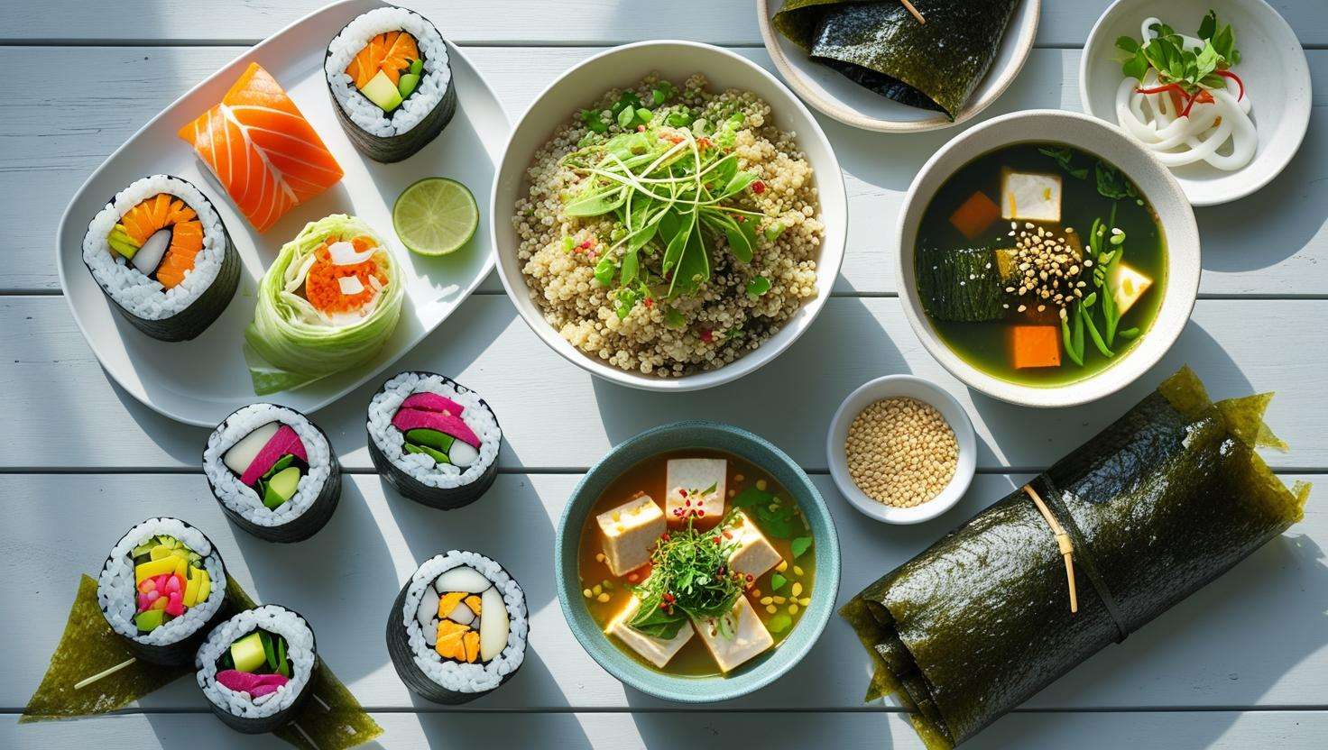 Variety of seaweed-based dishes including sushi rolls, quinoa bowl, seaweed wrap, and miso soup, arranged on a neutral table with natural lighting
