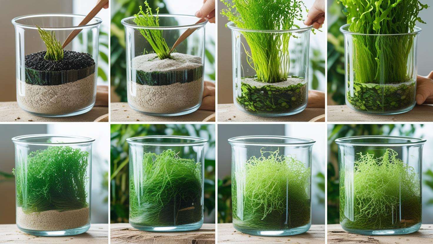 Step-by-step photo series showing the process of growing seaweed in a container: placing mesh, adding water, introducing seaweed, and monitoring water temperature.
