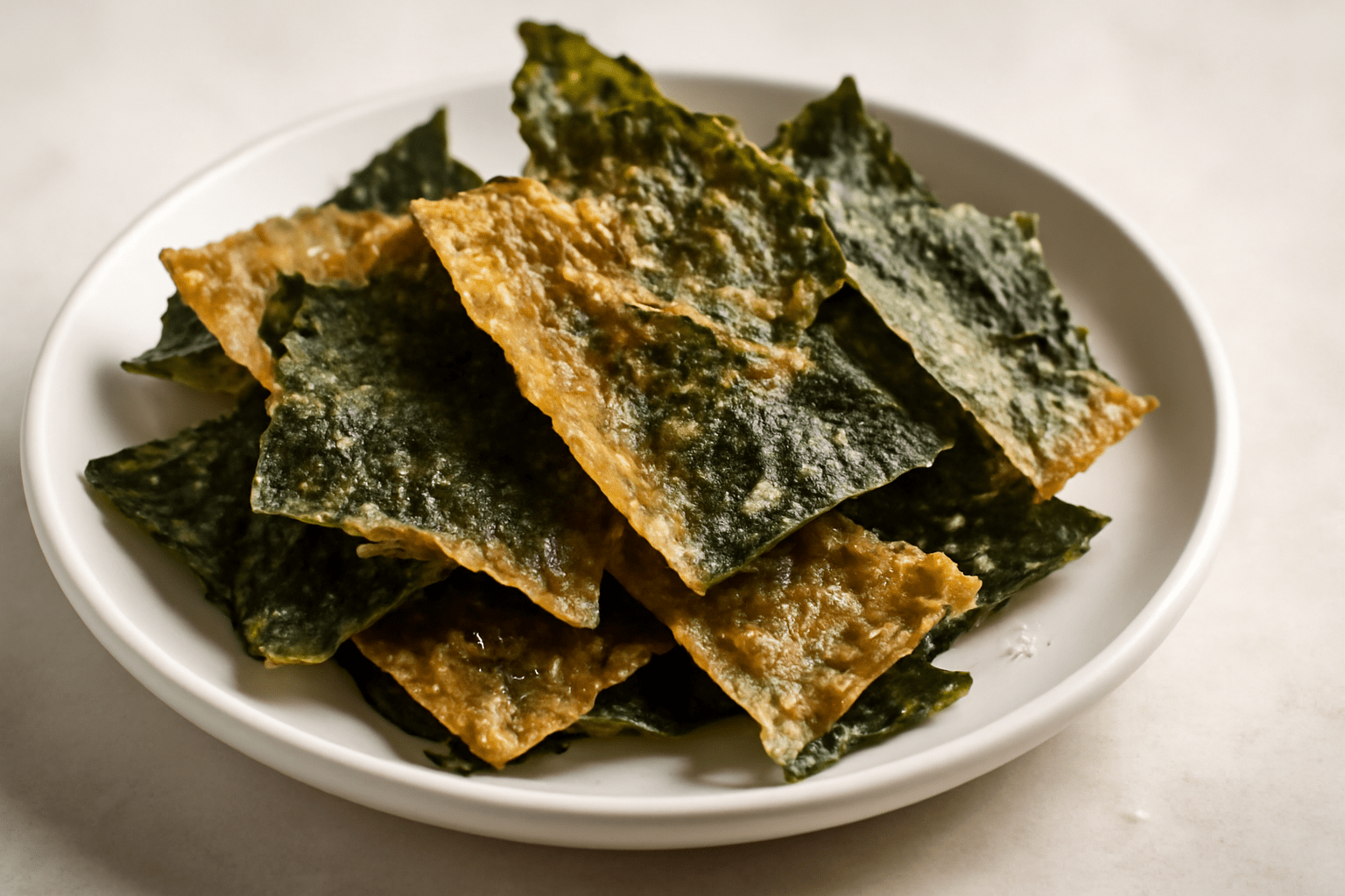 Close-up of crispy seaweed chips with a light sprinkle of sea salt on a clean white plate, emphasizing their golden texture and crispiness