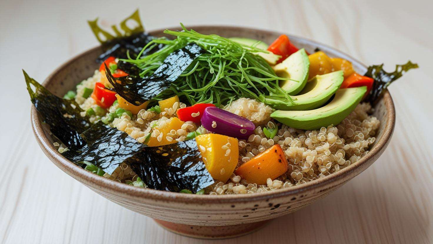 Create an image of a healthy seaweed and quinoa grain bowl, topped with avocado, roasted veggies, and nori strips. The dish should look vibrant and wholesome, with a clean, natural aesthetic.