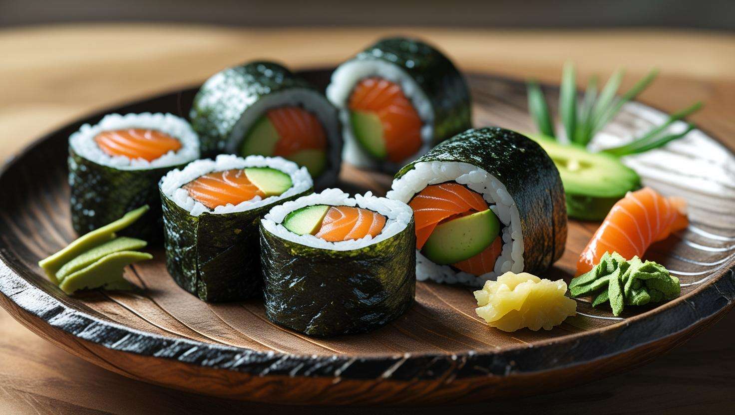 Fresh sushi rolls wrapped in nori, filled with avocado, cucumber, and salmon, served on a plate with a side of soy sauce.