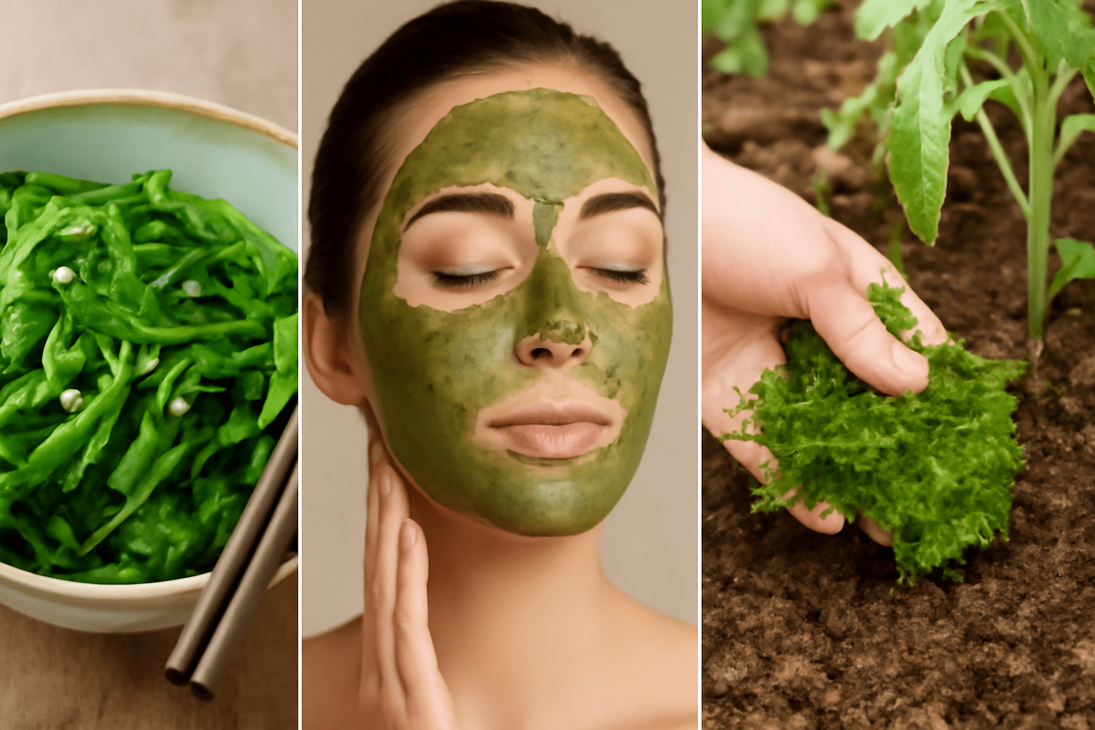 A triptych showcasing the creative uses of seaweed: a fresh seaweed salad in a ceramic bowl, a woman applying a seaweed face mask, and hands using seaweed as fertilizer in a garden