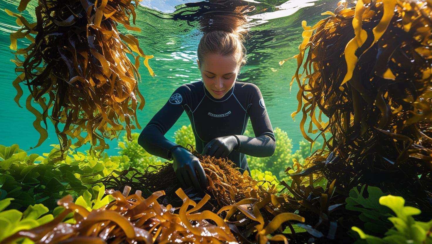 A person harvesting healthy, vibrant seaweed from their home-grown underwater garden, with lush seaweed in clear water