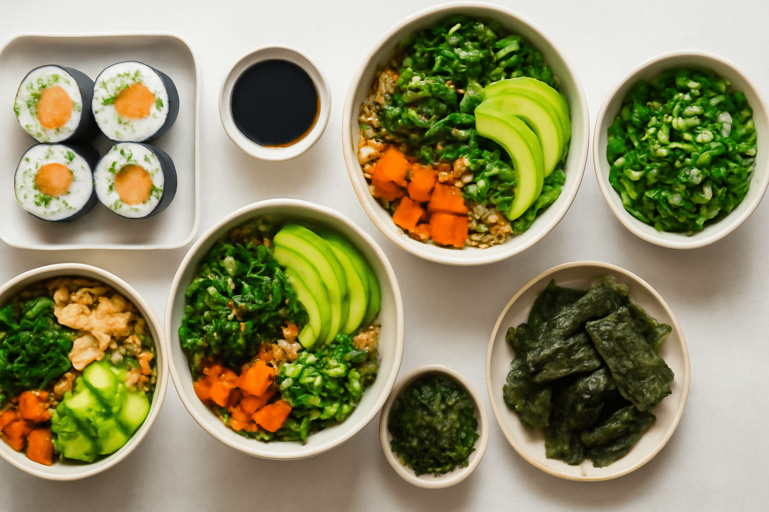 Table spread with a variety of seaweed-based dishes including sushi rolls, seaweed salads, grain bowls, and crispy seaweed snacks, set in natural light