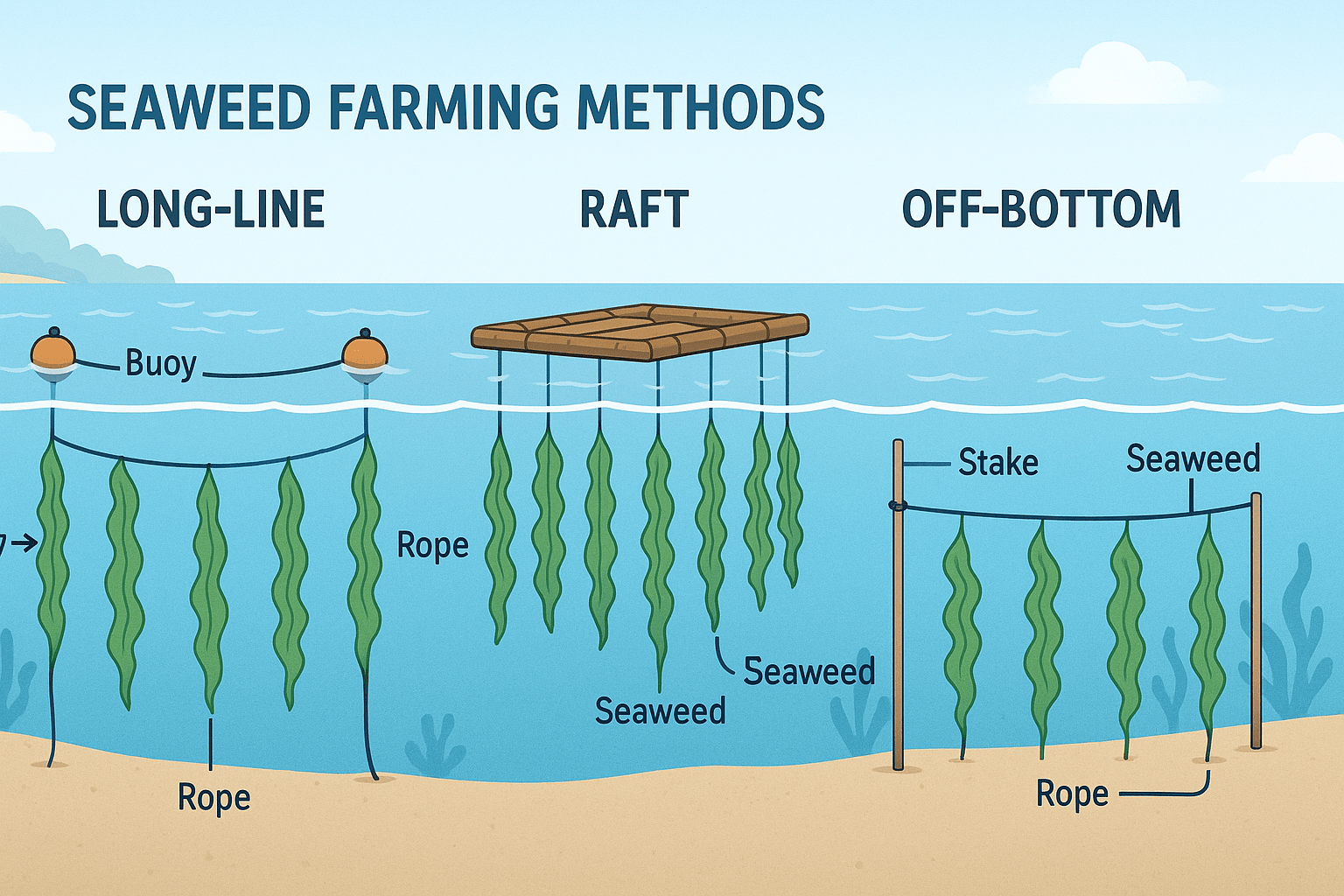 Diagram of seaweed farming methods including long-line, raft, and off-bottom for profitable seaweed farming beginners.