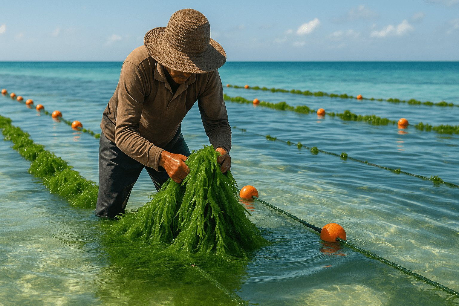 Farmer harvesting healthy seaweed from floating seaweed farm, illustrating efficient seaweed growth and harvest.