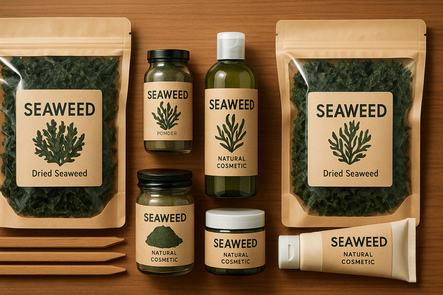 Packaged seaweed products like dried seaweed, powders, and cosmetics showcasing profitable seaweed farming products