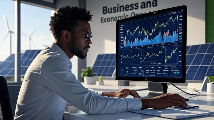 A 16:9 image showcasing business and economic opportunities with keywords 'Business and Economic Opportunities' and illustrations of sustainability, technology, healthcare, and e-commerce sectors.