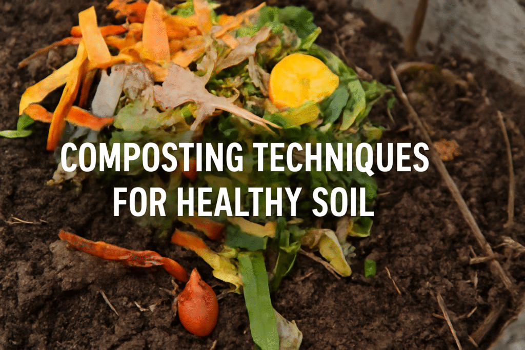 A close-up of composting materials such as vegetable scraps and leaves, with the text 'COMPOSTING TECHNIQUES FOR HEALTHY SOIL' in bold white letters.
