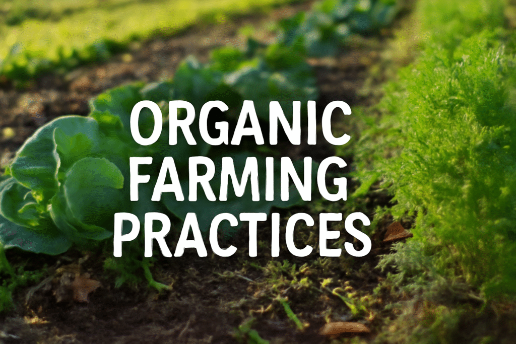 A close-up of an organic farm field showing healthy crops like cabbage and leafy greens with the text 'ORGANIC FARMING PRACTICES' in bold white letters.