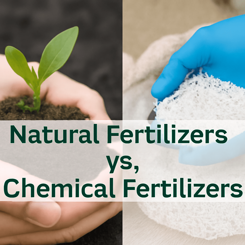 Natural Fertilizers vs. Chemical Fertilizers, showing a plant in compost on the left and chemical pellets on the right.