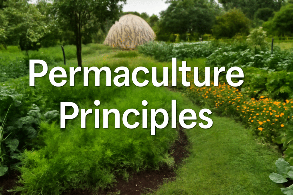 Permaculture Principles with a vibrant garden, vegetables, and a wooden greenhouse.