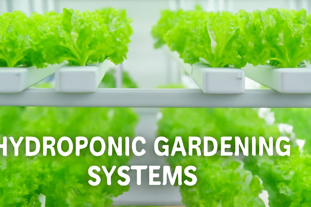Hydroponic Gardening Systems with thriving lettuce plants in a nutrient-rich water system.