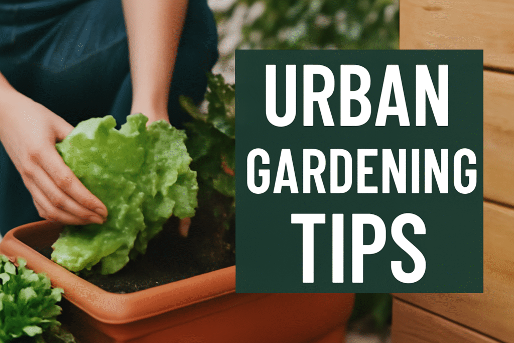 Person harvesting fresh lettuce from a container garden with text overlay 'Urban Gardening Tips' — ideal for city gardening guides and sustainable living blogs.