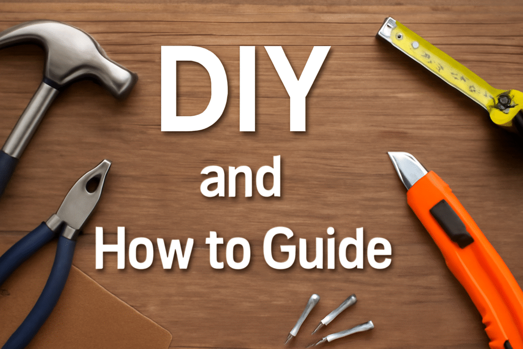 DIY and How to Guide" in bold white text on a rustic wooden backdrop with various tools arranged around it.