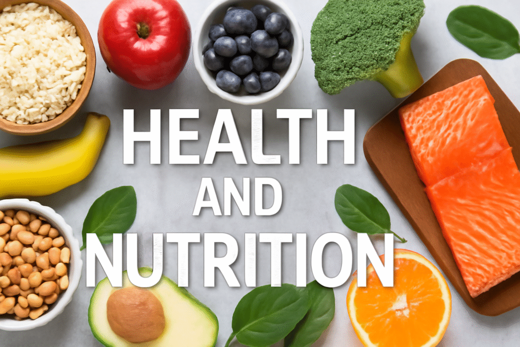 "Health and Nutrition" in bold white text surrounded by vibrant, nutritious foods like salmon, avocado, broccoli, orange, and more.
