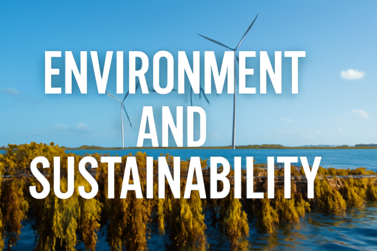 A vibrant seaweed farm with wind turbines in the background, emphasizing the harmony between renewable energy with the text 'Environment and Sustainability' in bold white letters