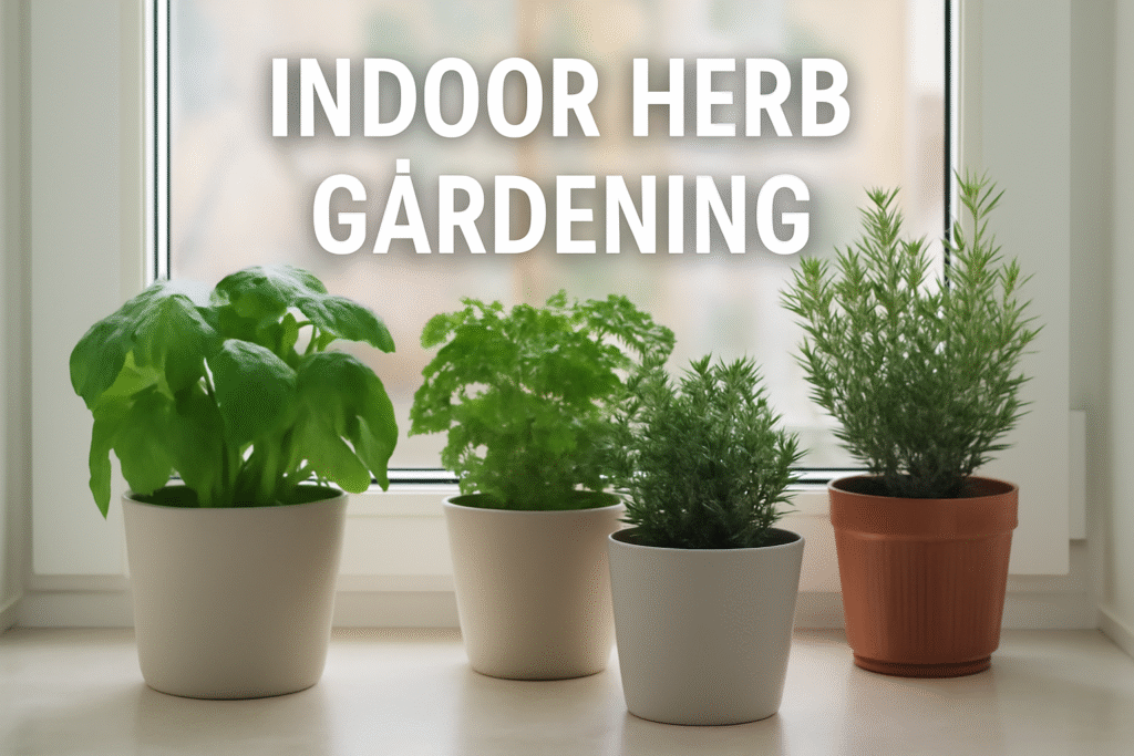 Indoor Herb Gardening – A peaceful indoor herb garden featuring basil, parsley, mint, and rosemary plants on a windowsill